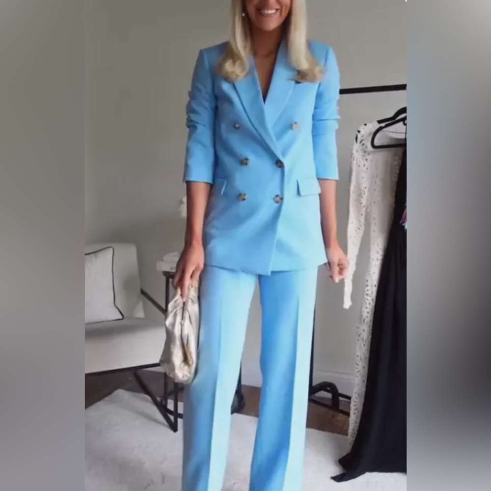 NWT Zara Sky Blue Double Breasted Fully Lined Blazer - Picture 2 of 16